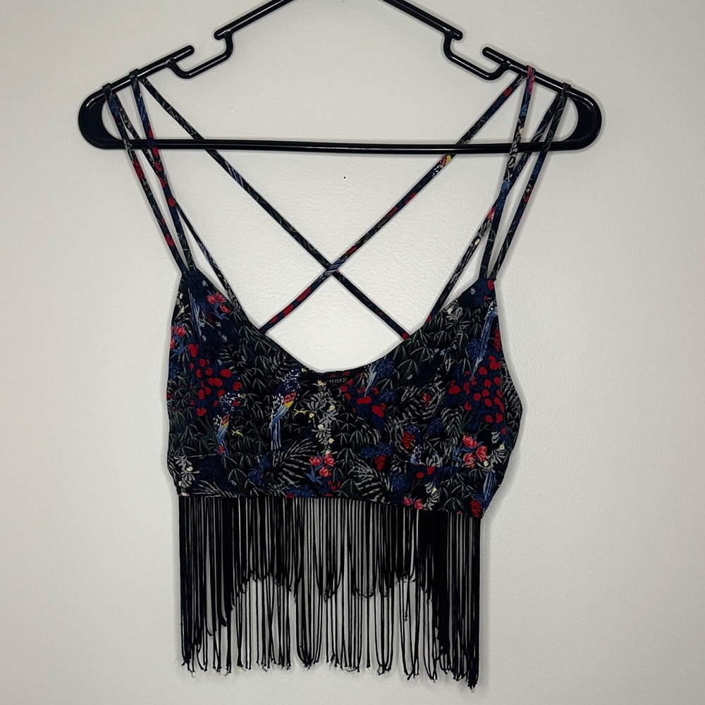 Forever 21 Black Floral Fringe Crop Top